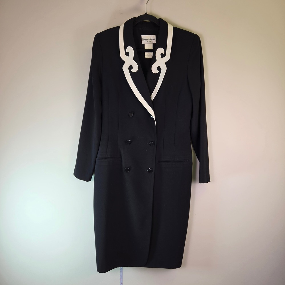 Danny & Nicole Vintage Black White Scroll Collar Double Breasted Blazer Dress 10
